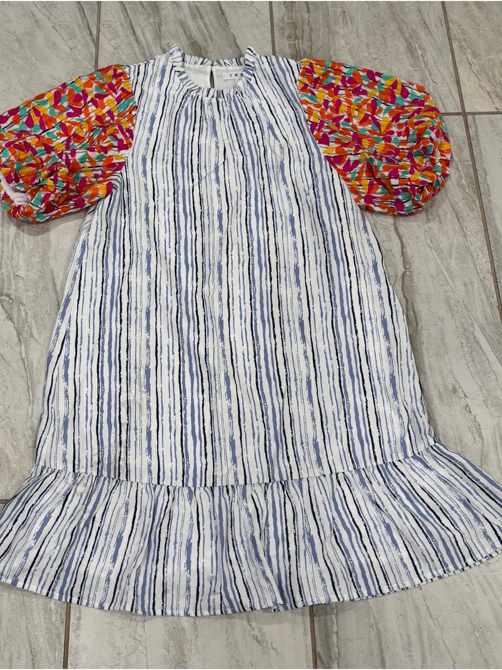 Blue Striped Dress with Colorful Puff Sleeves